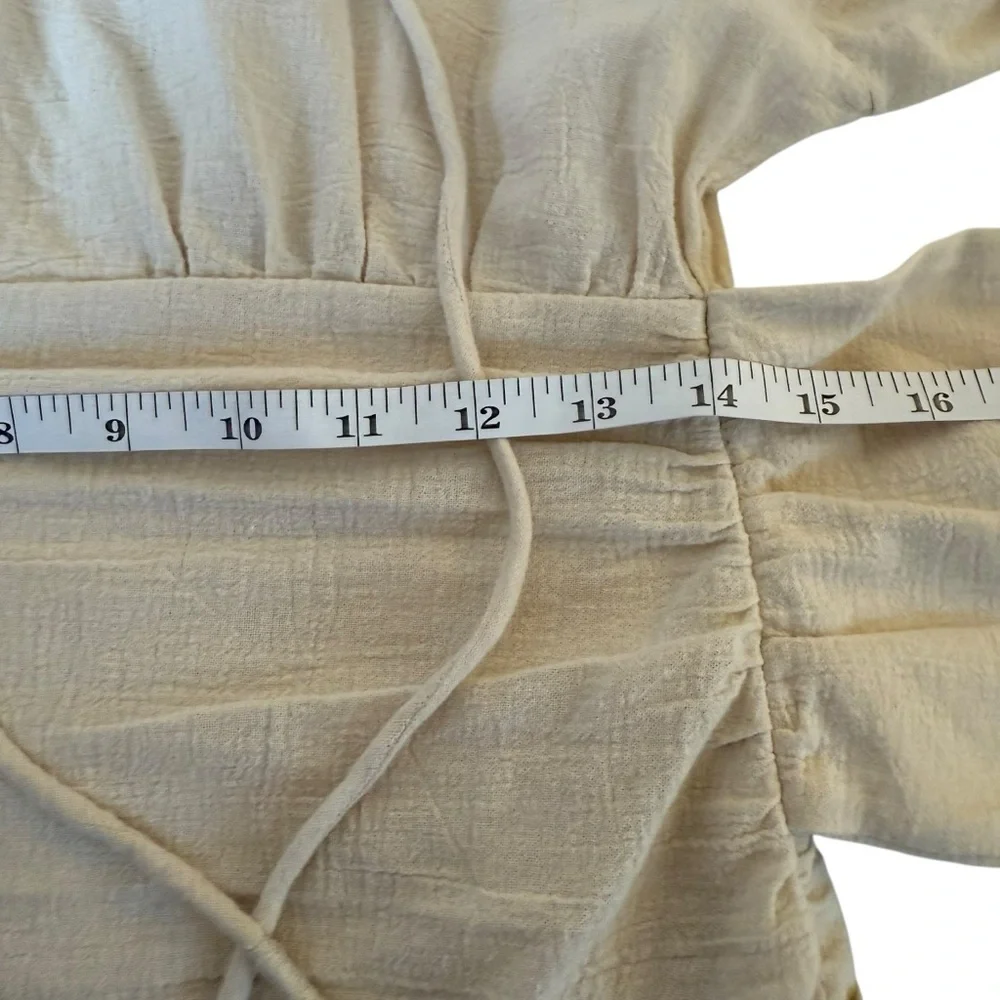 Free People Mini Dress XS Cream Gauzy‎ Boho Peasant Ruched Buttons Neutral NWT